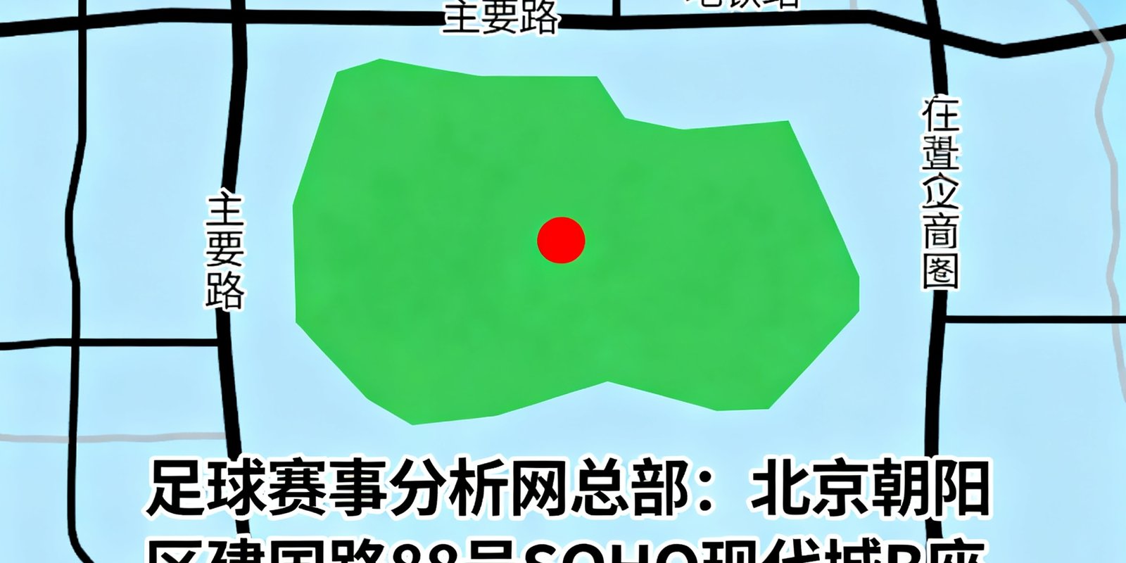 一张简化的地理位置示意图，标注了足球赛事分析网总部位于北京朝阳区建国路88号SOHO现代城B座，地图上显示了周边主要道路和地铁站位置，国贸商圈核心区域清晰可见。